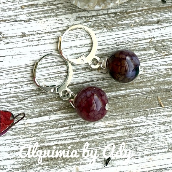 Wine color agate gold earrings - Picture 1 of 1
